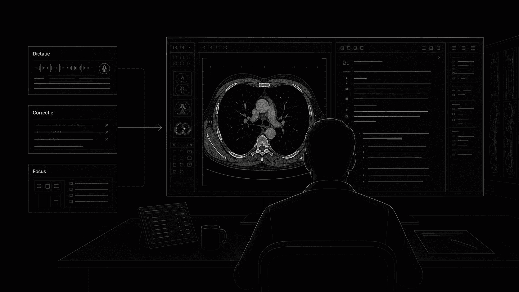 Illustration of the radiologist's attention split across image interpretation, phrasing, formatting, and structured fields.