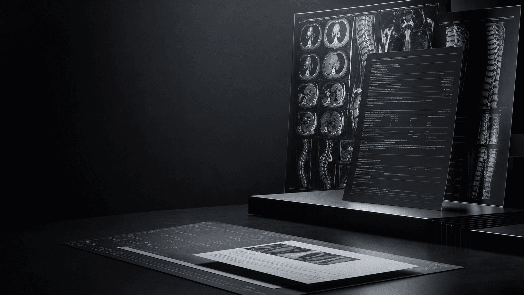 Abstract radiology workstation with report text, imaging film, and the Revelar mark.